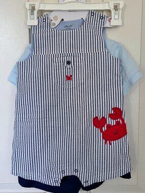NEW Little Me 3 Pc Toddler Set Romper Top Shorts NWT 12 M Crab Ocean Embroidered